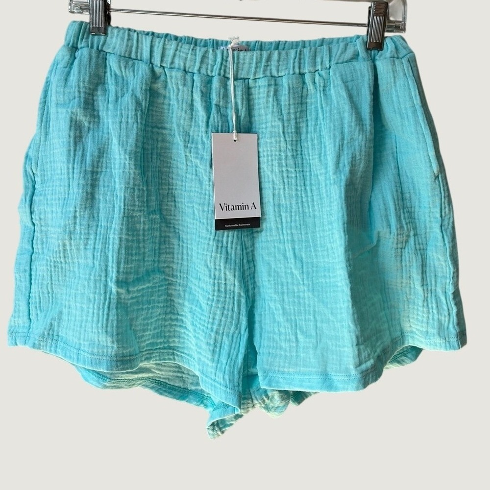 Vitamin A Aqua Blue Cotton Gauze High Rise Cover Up Shorts Womens Medium NWT - Picture 9 of 9